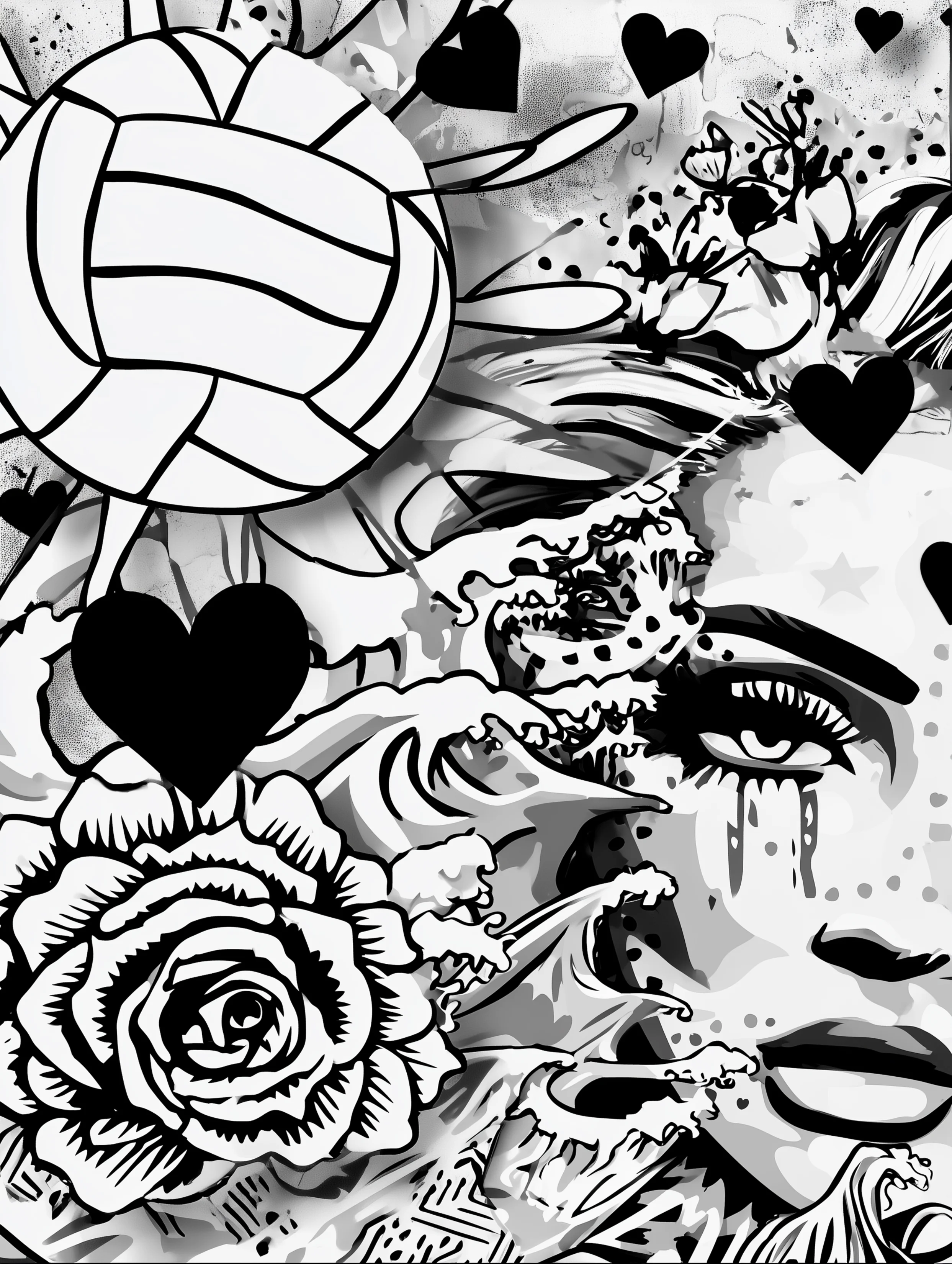 Free printable volleyball coloring page for adults featuring a woman with emotional expression and volleyball